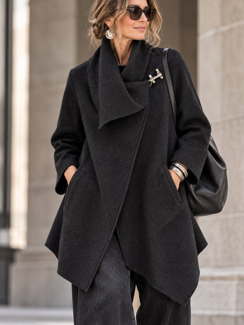 Garnet Hill 100% Boiled Wool Asymmetrical Black Wrap Cape Coat XL Lagenlook